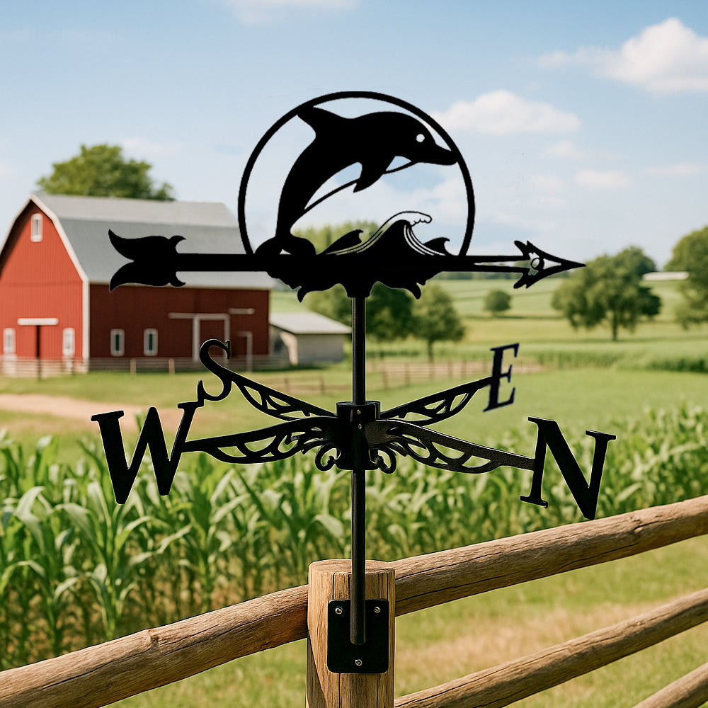 Jumping dolphin metal weather vane with directional arrows and mounting rod, outdoor roof and garden decoration