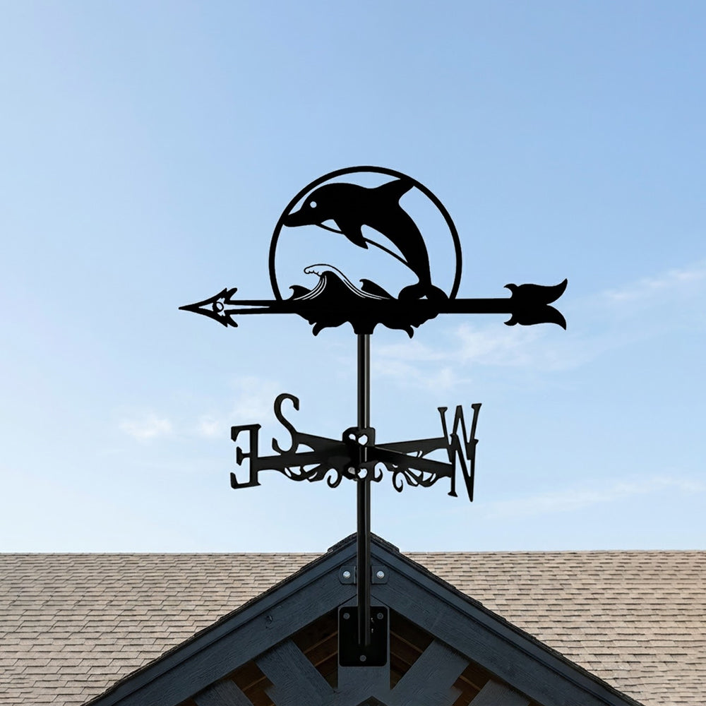 Jumping dolphin metal weather vane with directional arrows and mounting rod, outdoor roof and garden decoration