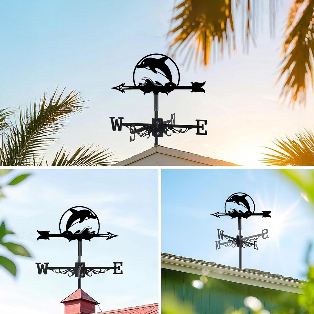 Jumping dolphin metal weather vane with directional arrows and mounting rod, outdoor roof and garden decoration