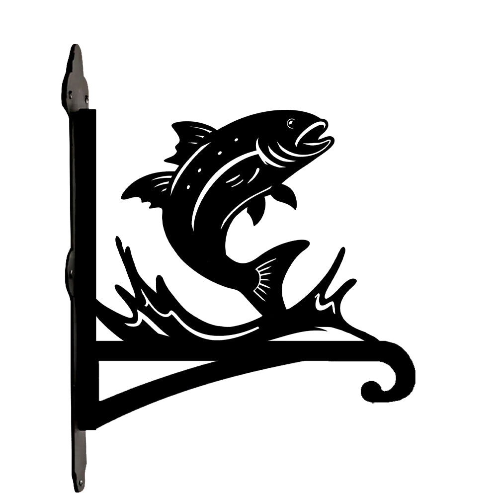 Fish metal hanging basket bracket mounted on outdoor wall for plant decoration