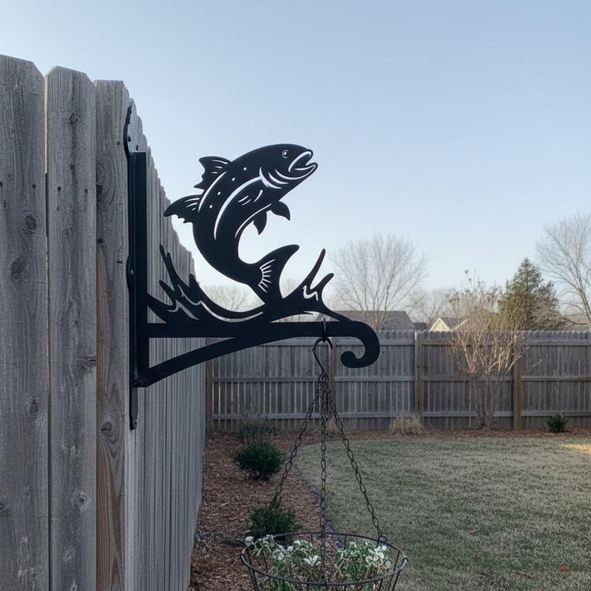 Fish metal hanging basket bracket mounted on outdoor wall for plant decoration