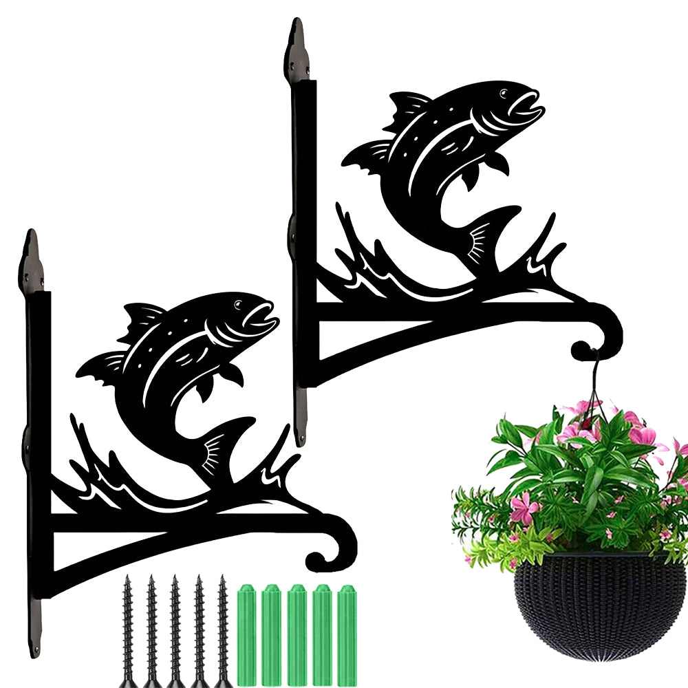 Fish metal hanging basket bracket mounted on outdoor wall for plant decoration