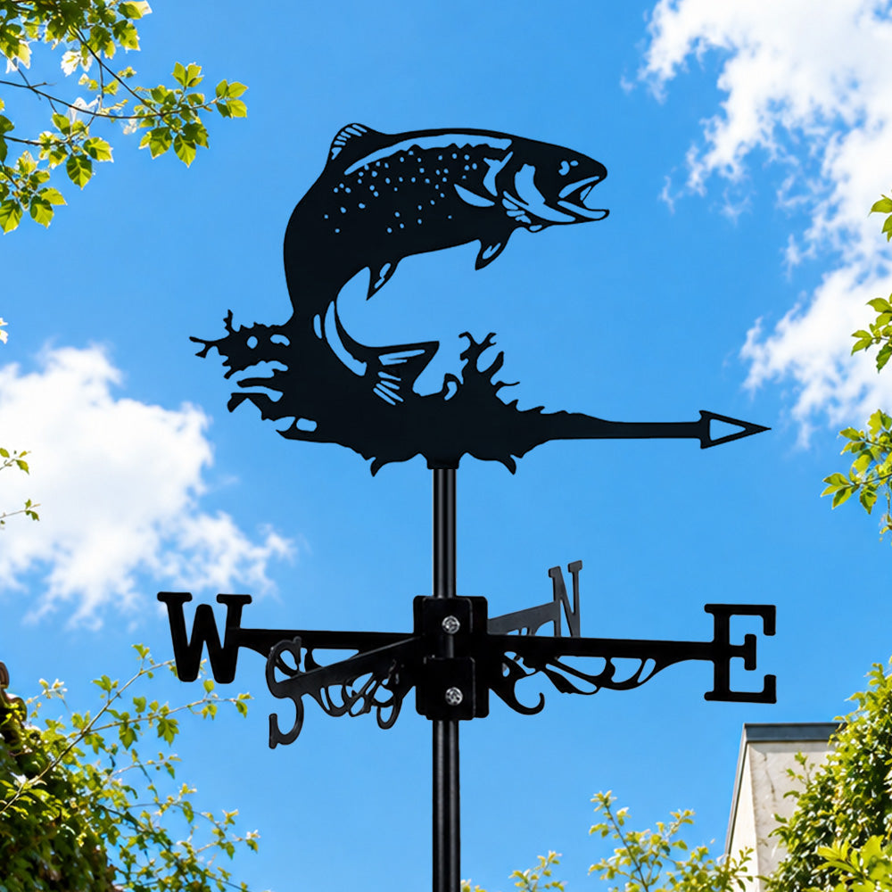 Jumping salmon metal weather vane with directional arrows and mounting rod, outdoor roof and garden decoration