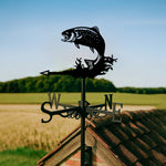 Jumping salmon metal weather vane with directional arrows and mounting rod, outdoor roof and garden decoration
