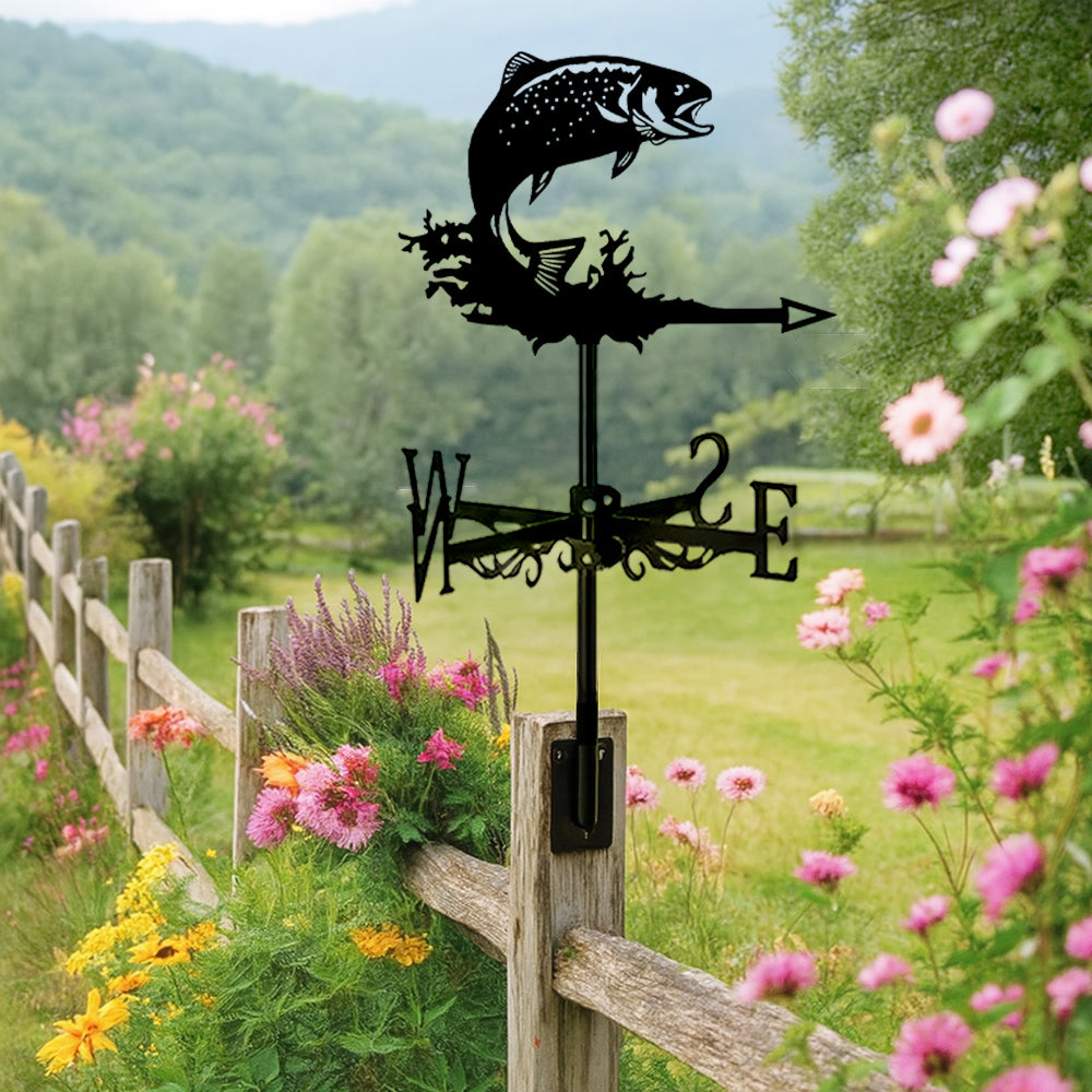 Jumping salmon metal weather vane with directional arrows and mounting rod, outdoor roof and garden decoration