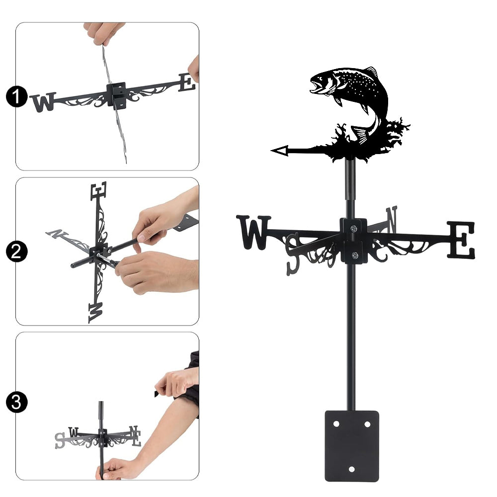 Jumping salmon metal weather vane with directional arrows and mounting rod, outdoor roof and garden decoration