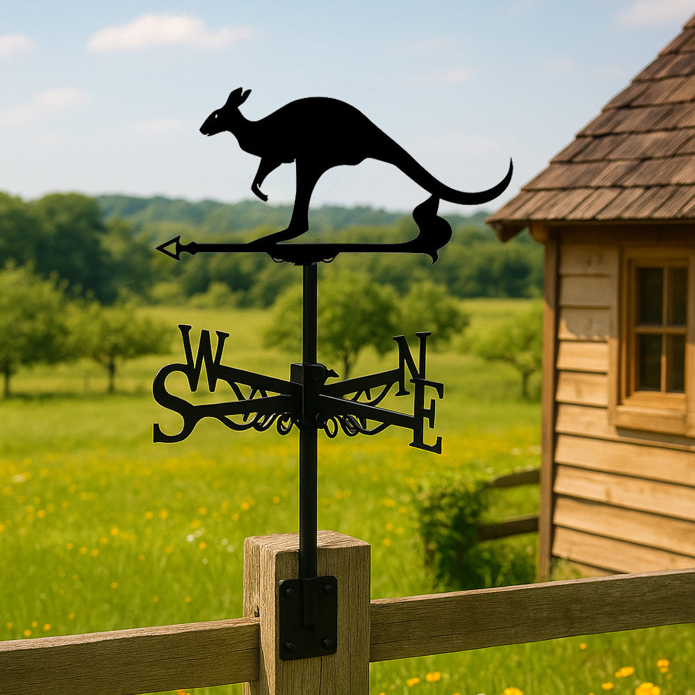 Kangaroo metal weather vane with directional arrows and mounting rod, outdoor roof and garden decoration