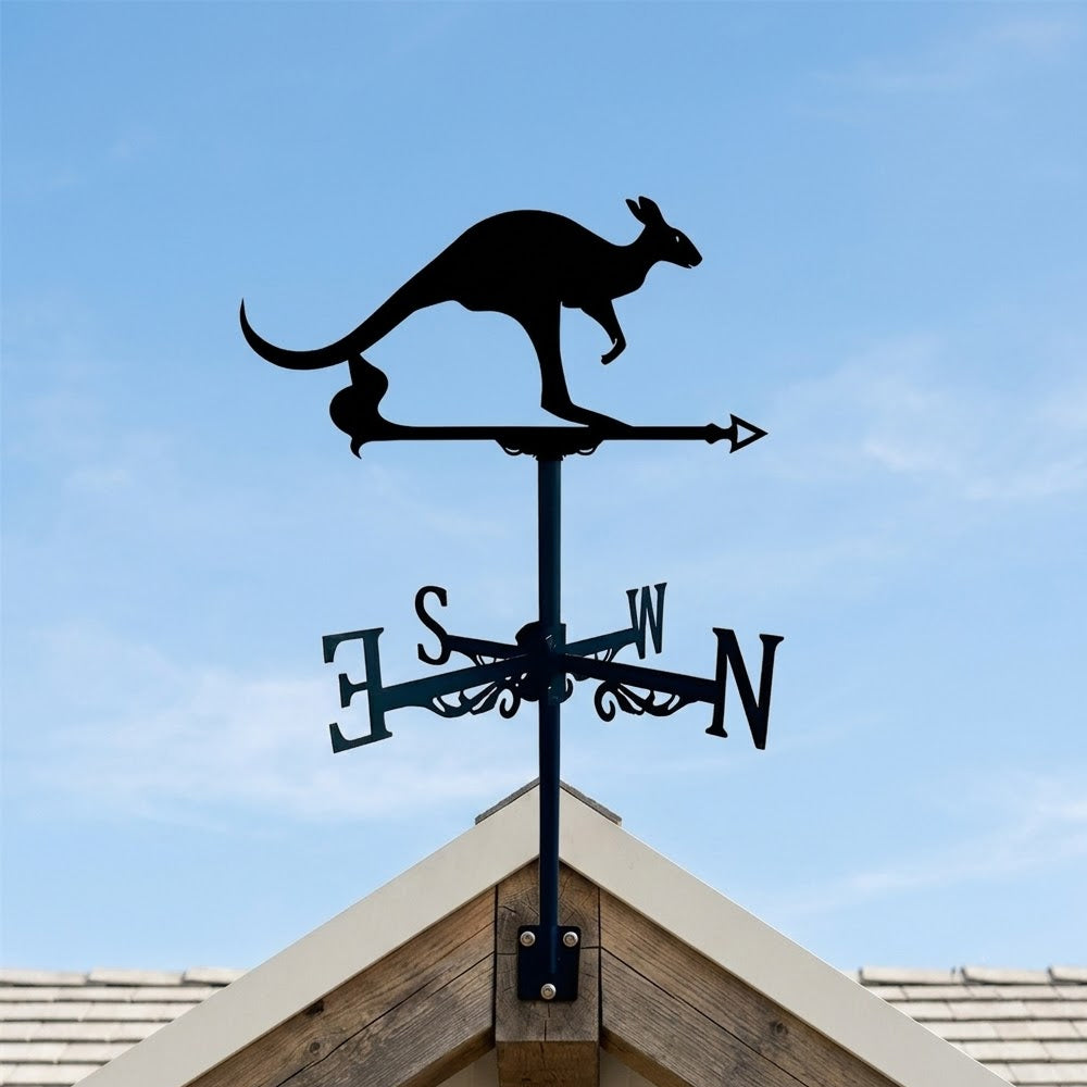 Kangaroo metal weather vane with directional arrows and mounting rod, outdoor roof and garden decoration