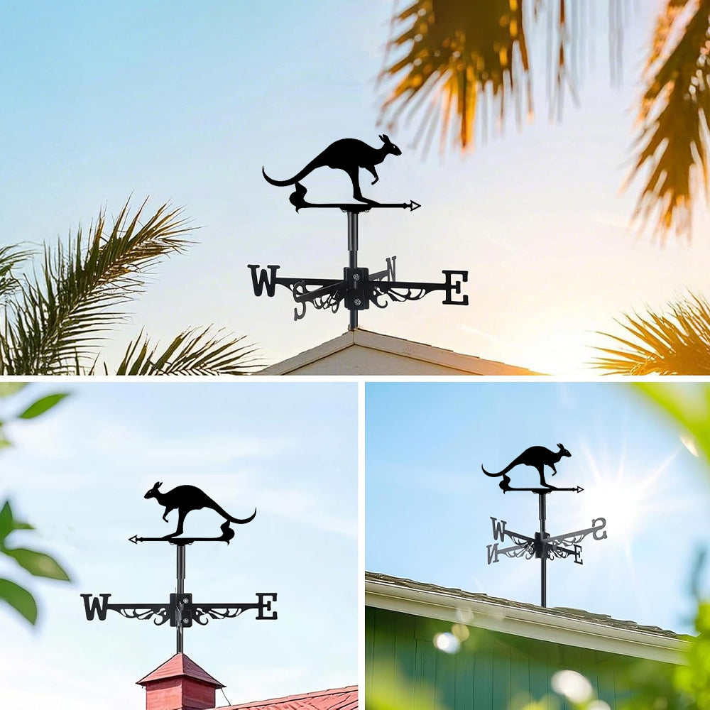 Kangaroo metal weather vane with directional arrows and mounting rod, outdoor roof and garden decoration