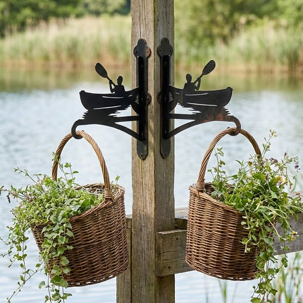 Kayaking canoe metal hanging basket bracket mounted on outdoor wall for plant decoration