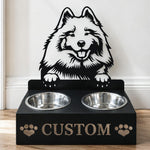 Personalized keeshond metal dog bowl stand with custom name cutout and two removable feeding bowls