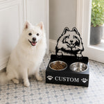 Personalized keeshond metal dog bowl stand with custom name cutout and two removable feeding bowls