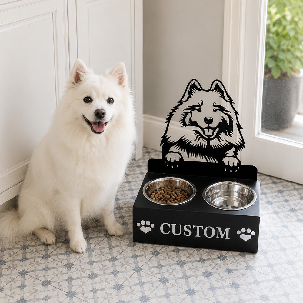 Personalized keeshond metal dog bowl stand with custom name cutout and two removable feeding bowls