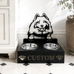 Personalized keeshond metal dog bowl stand with custom name cutout and two removable feeding bowls