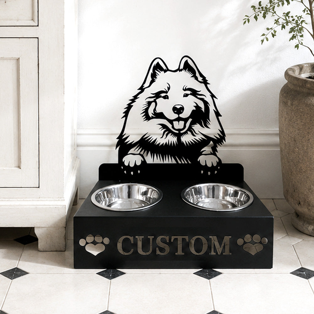 Personalized keeshond metal dog bowl stand with custom name cutout and two removable feeding bowls