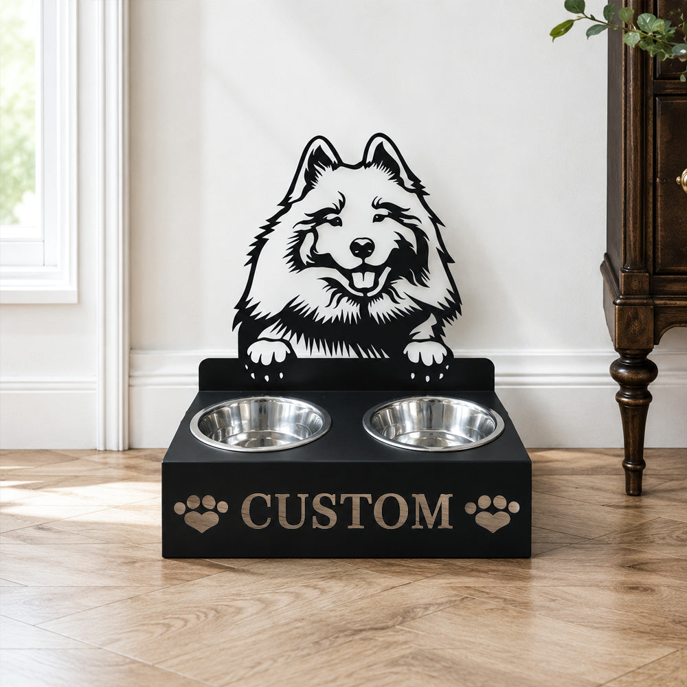 Personalized keeshond metal dog bowl stand with custom name cutout and two removable feeding bowls