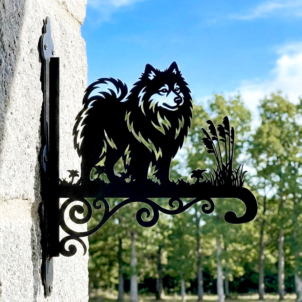 Keeshond metal hanging basket bracket mounted on outdoor wall for plant decoration