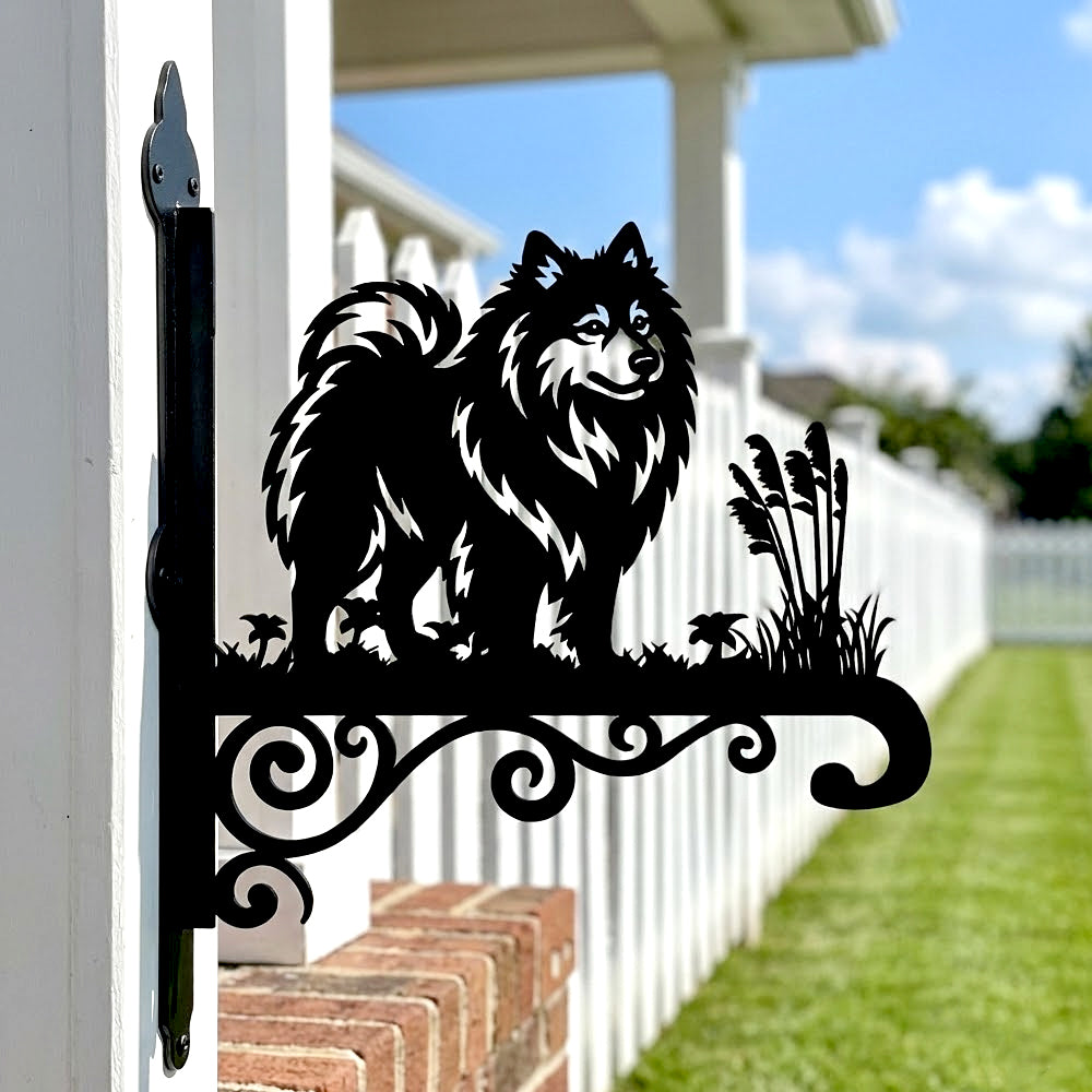 Keeshond metal hanging basket bracket mounted on outdoor wall for plant decoration