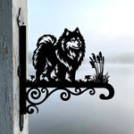 Keeshond metal hanging basket bracket mounted on outdoor wall for plant decoration