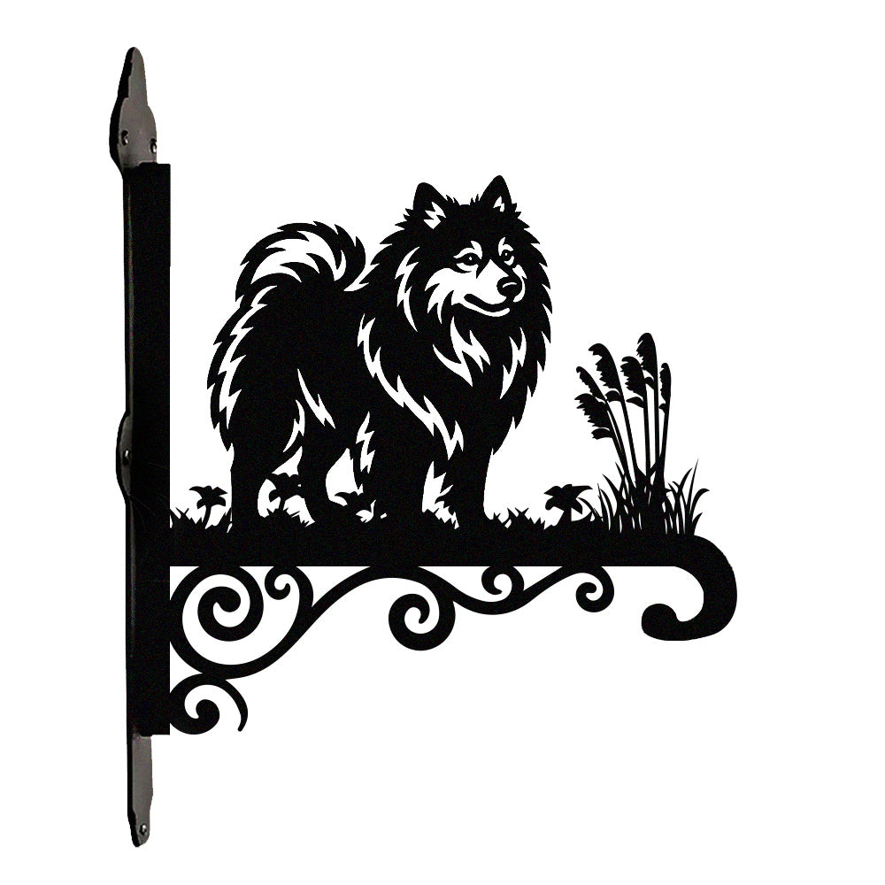 Keeshond metal hanging basket bracket mounted on outdoor wall for plant decoration
