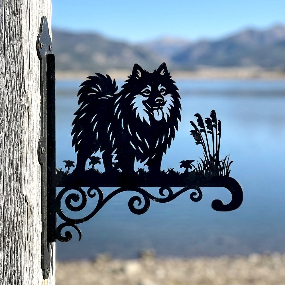 Keeshond metal hanging basket bracket mounted on outdoor wall for plant decoration