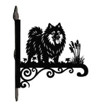 Keeshond metal hanging basket bracket mounted on outdoor wall for plant decoration
