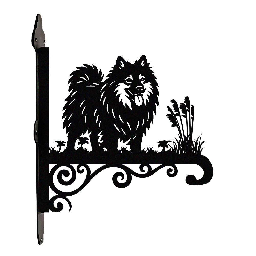 Keeshond metal hanging basket bracket mounted on outdoor wall for plant decoration