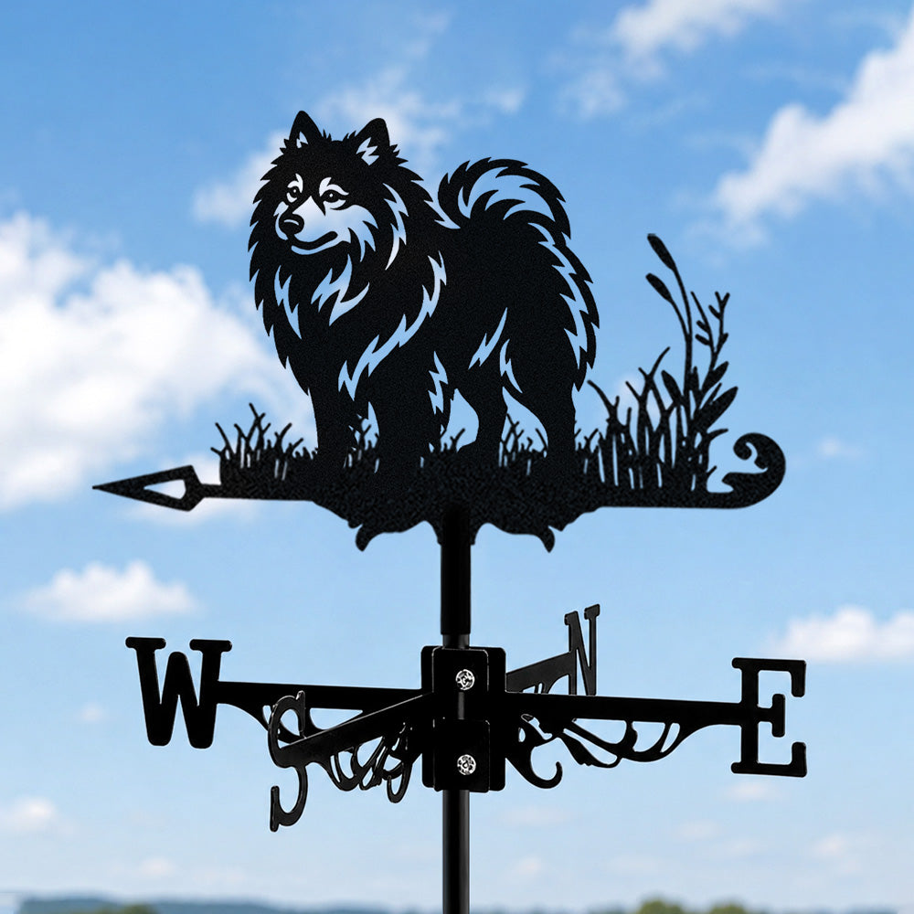 Keeshond metal weather vane with directional arrows and mounting rod, outdoor roof and garden decoration