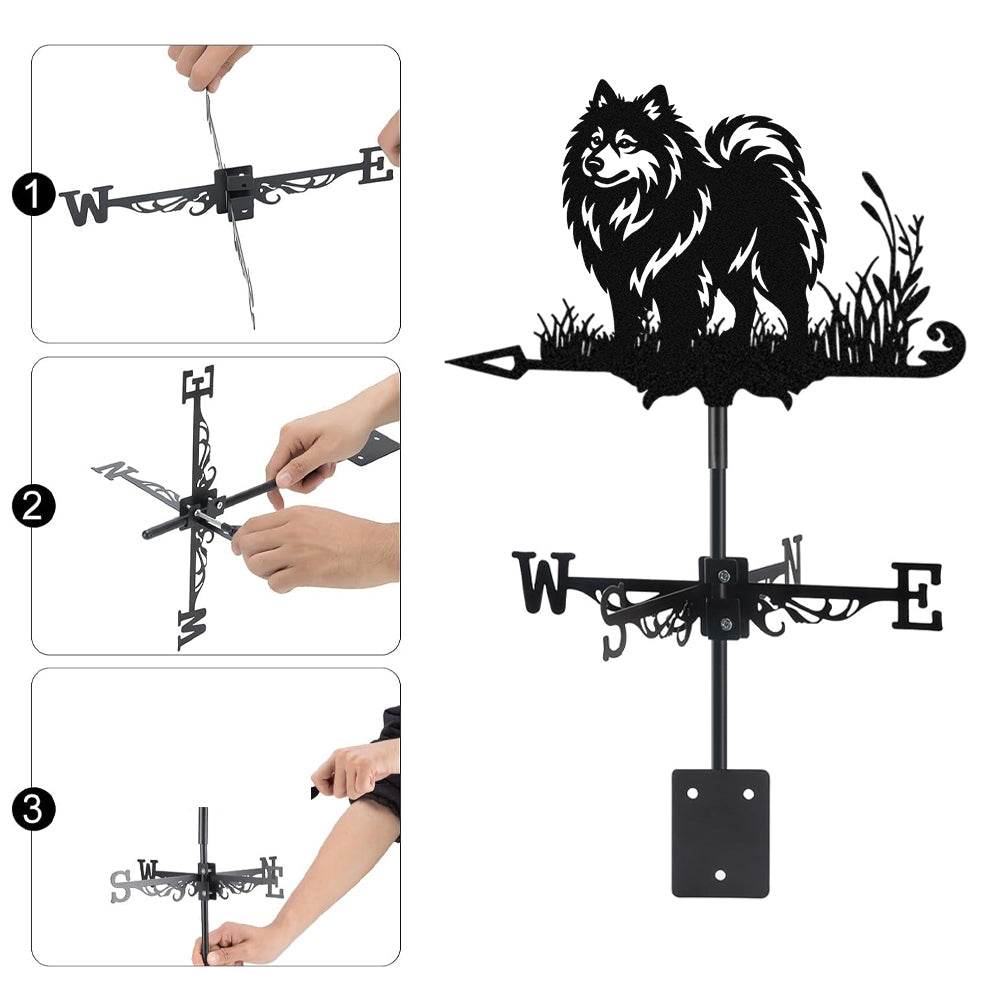 Keeshond metal weather vane with directional arrows and mounting rod, outdoor roof and garden decoration