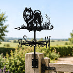 Keeshond metal weather vane with directional arrows and mounting rod, outdoor roof and garden decoration