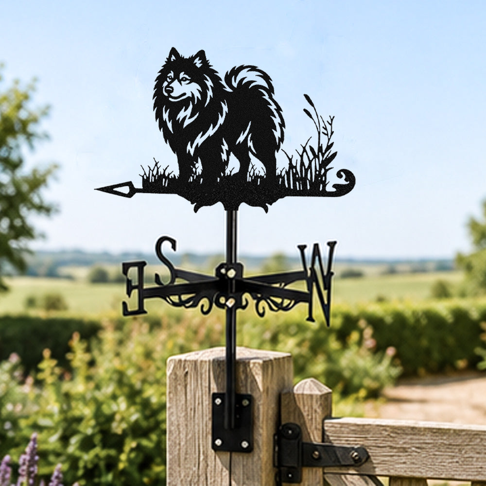 Keeshond metal weather vane with directional arrows and mounting rod, outdoor roof and garden decoration