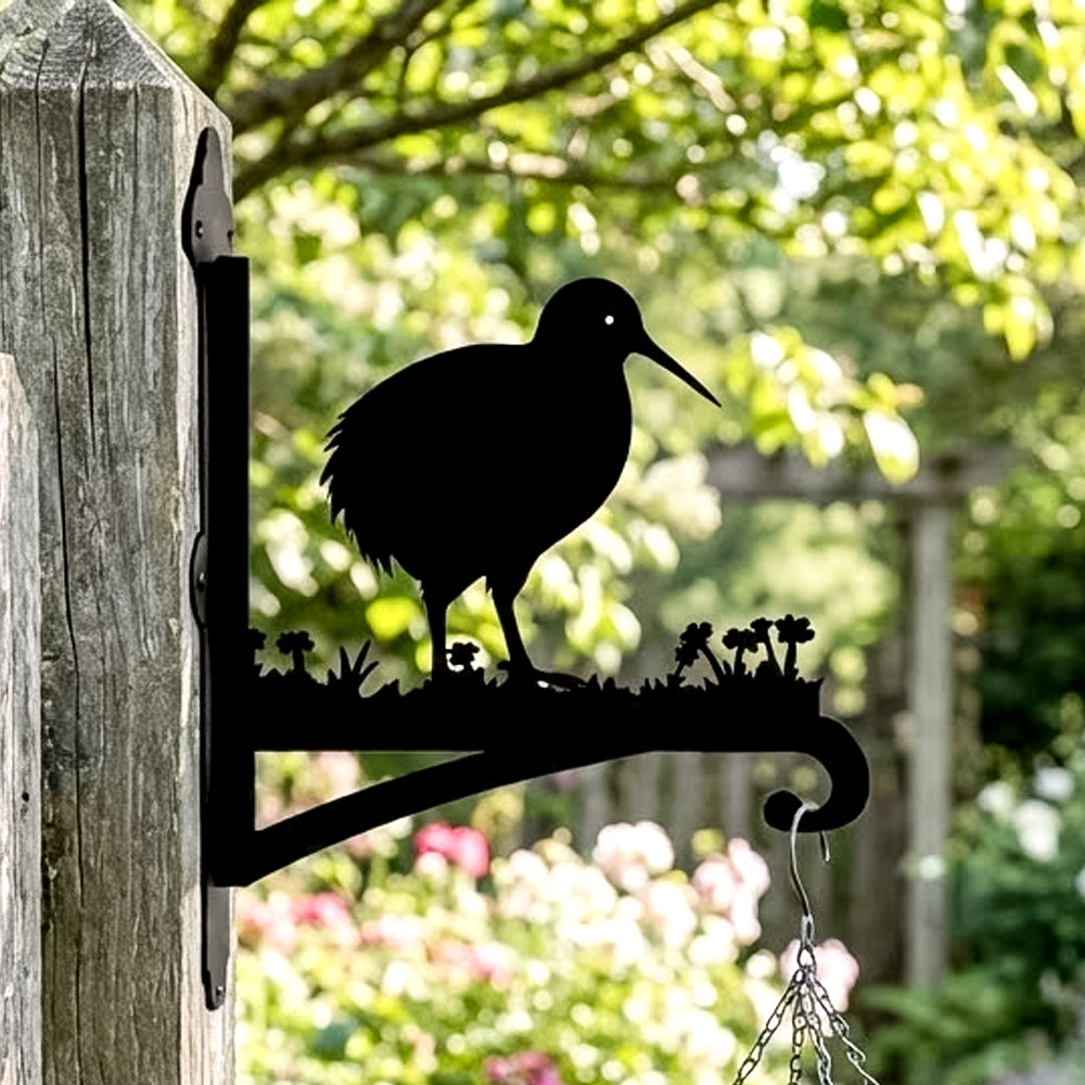 Kiwi bird metal hanging basket bracket mounted on outdoor wall for plant decoration