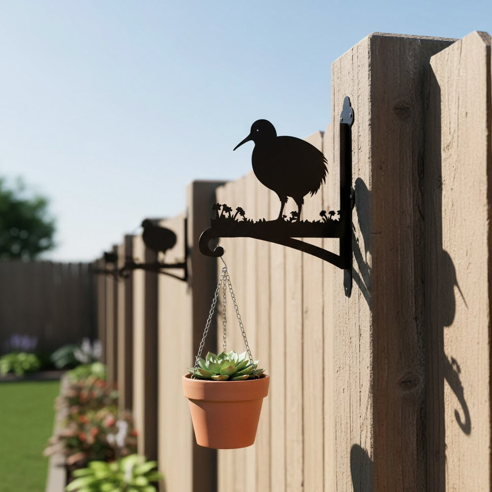 Kiwi bird metal hanging basket bracket mounted on outdoor wall for plant decoration