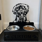 Personalized labradoodle metal dog bowl stand with custom name cutout and two removable feeding bowls