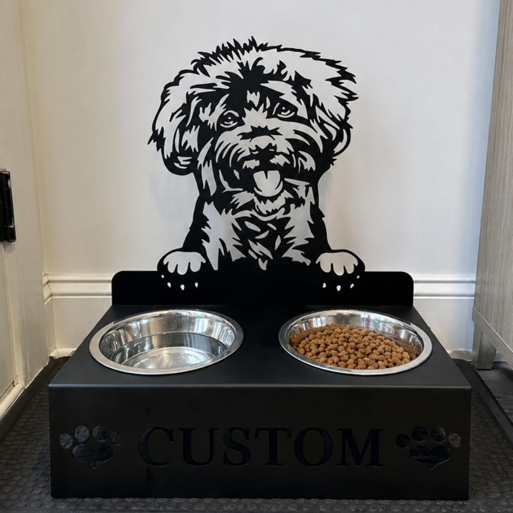 Personalized labradoodle metal dog bowl stand with custom name cutout and two removable feeding bowls