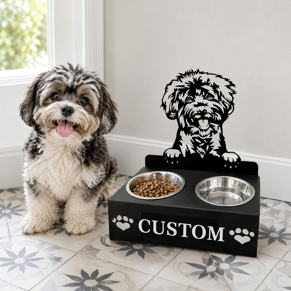 Personalized labradoodle metal dog bowl stand with custom name cutout and two removable feeding bowls