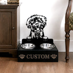 Personalized labradoodle metal dog bowl stand with custom name cutout and two removable feeding bowls