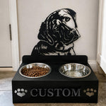 Personalized labrador metal dog bowl stand with custom name cutout and two removable feeding bowls
