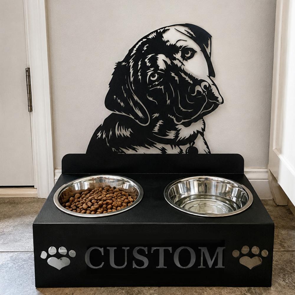 Personalized labrador metal dog bowl stand with custom name cutout and two removable feeding bowls