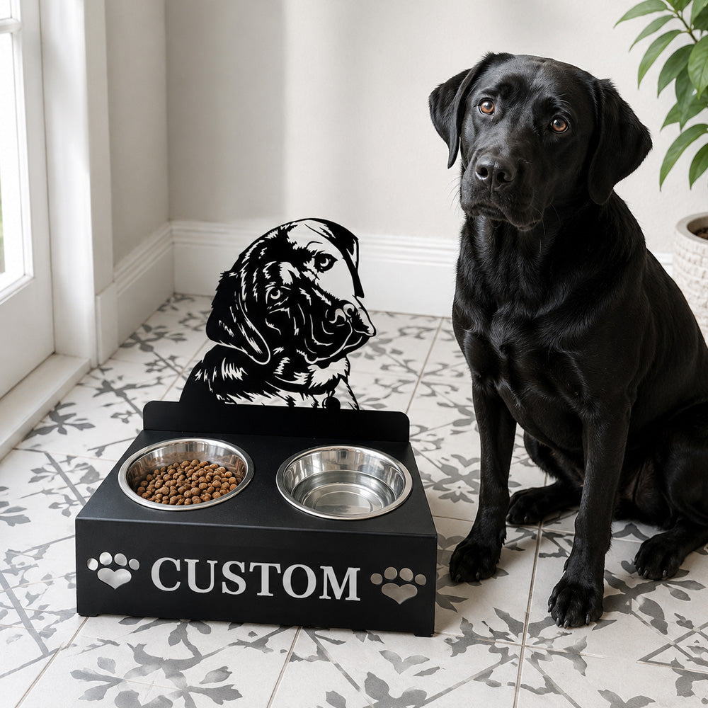 Personalized labrador metal dog bowl stand with custom name cutout and two removable feeding bowls
