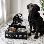 Personalized labrador metal dog bowl stand with custom name cutout and two removable feeding bowls