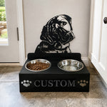 Personalized labrador metal dog bowl stand with custom name cutout and two removable feeding bowls
