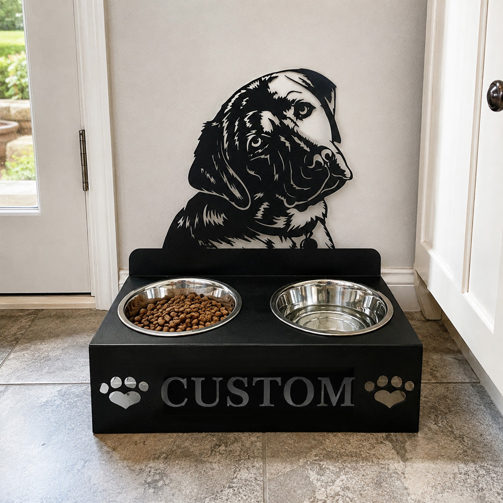 Personalized labrador metal dog bowl stand with custom name cutout and two removable feeding bowls