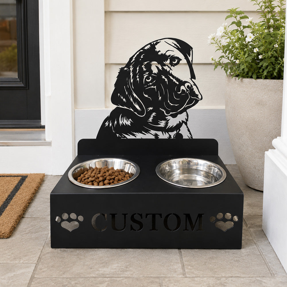 Personalized labrador metal dog bowl stand with custom name cutout and two removable feeding bowls