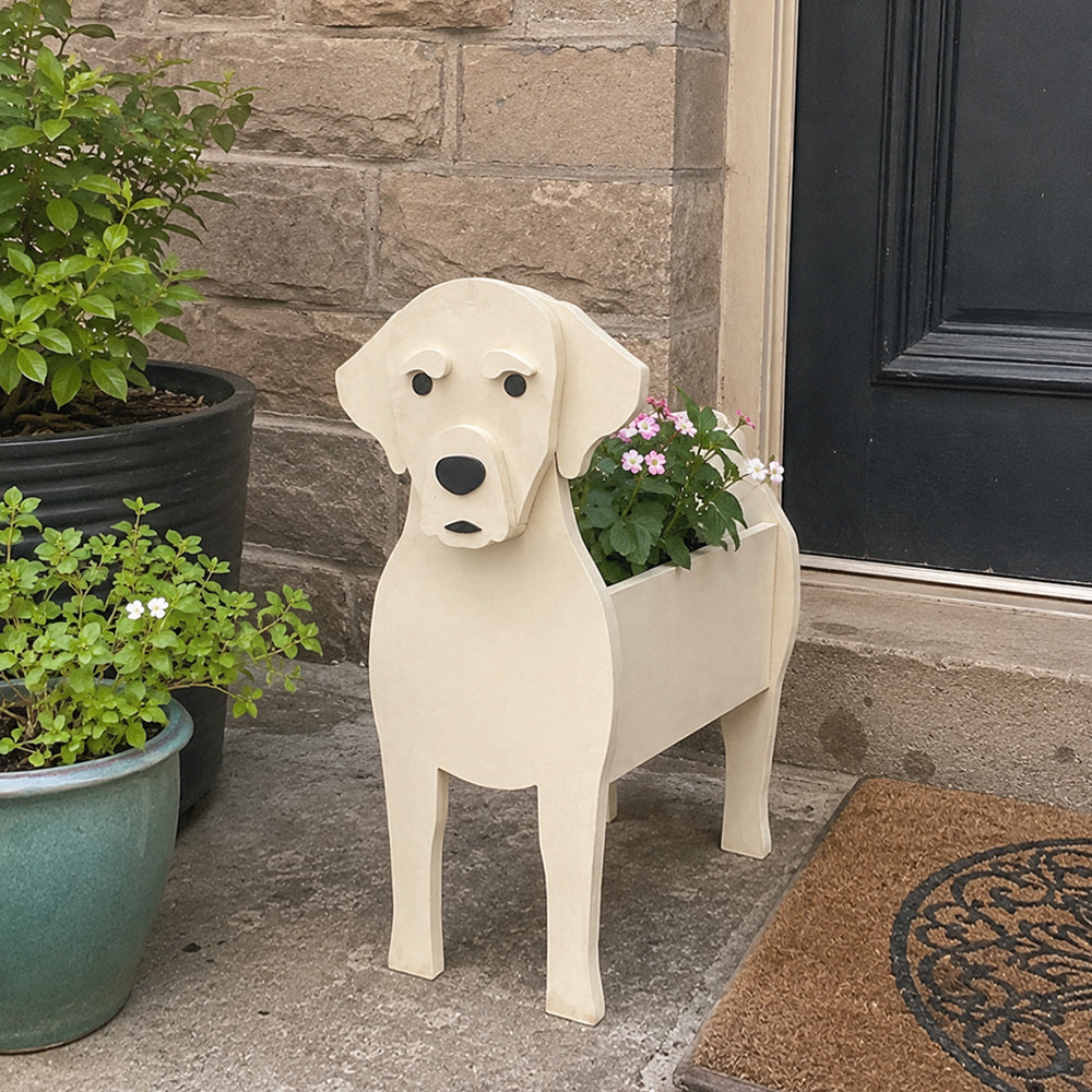 Labrador dog planter filled with fresh flowers is placed in the garden