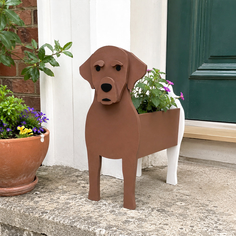 Labrador dog planter filled with fresh flowers is placed in the garden