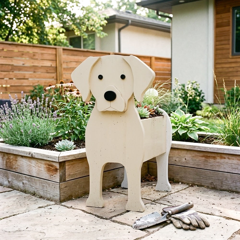 Labrador dog planter filled with fresh flowers is placed in the garden