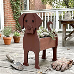Labrador dog planter filled with fresh flowers is placed in the garden