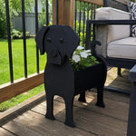 Labrador dog planter filled with fresh flowers is placed in the garden