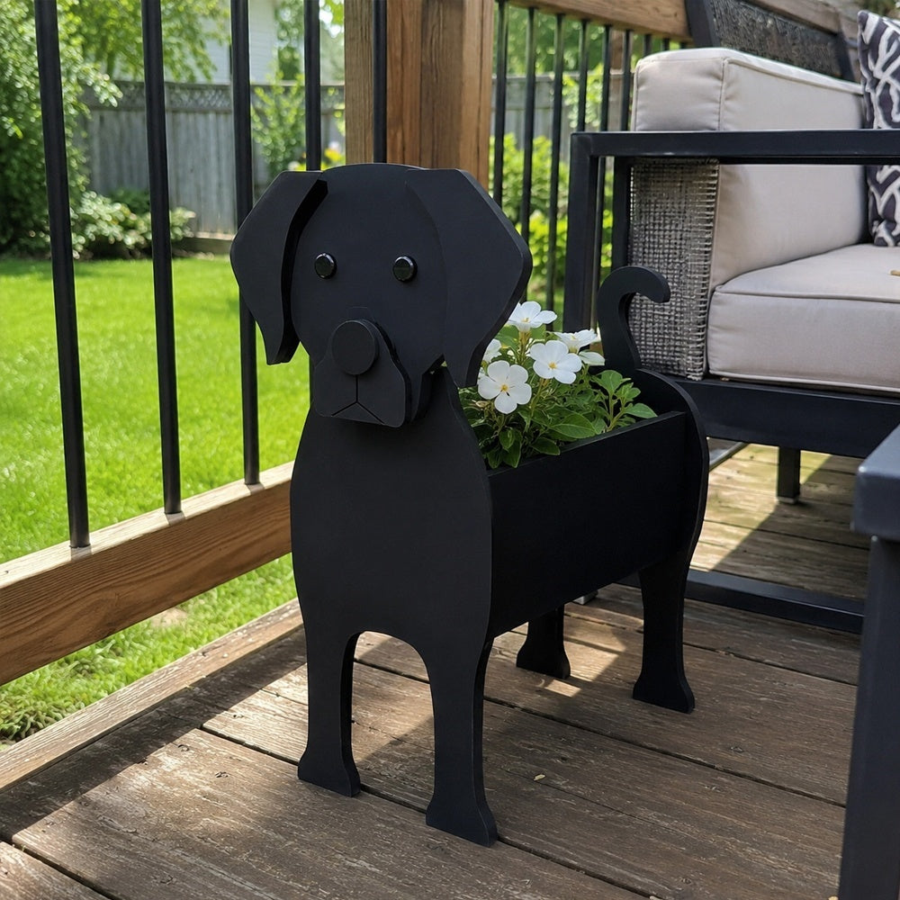 Labrador dog planter filled with fresh flowers is placed in the garden